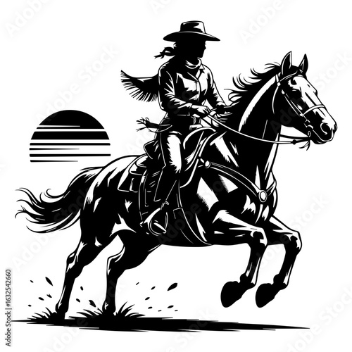 Vector illustration of Cowgirl riding horse in action isolated