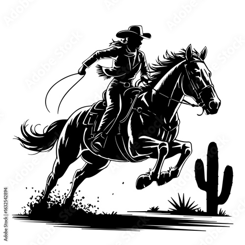 Vector illustration of Cowgirl riding horse in action isolated