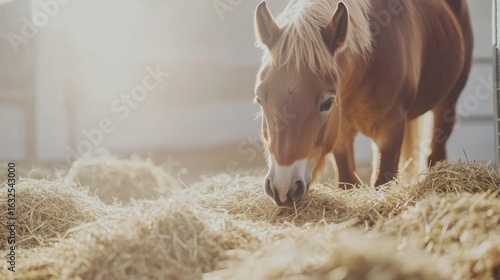 Pony grazing on fresh hay in a white room with minimalist lighting generative ai