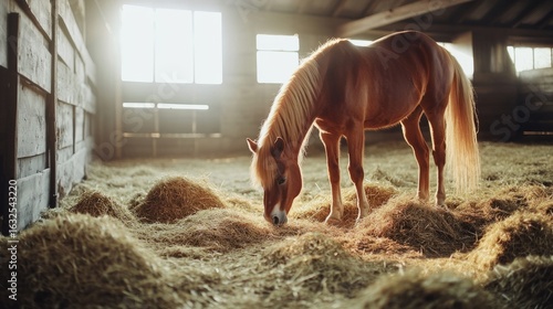 Pony grazing on fresh hay in a white room with minimalist lighting generative ai