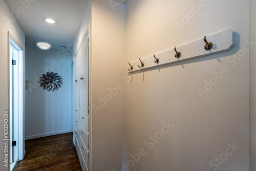 Modern home hallway interior with coat rack.
