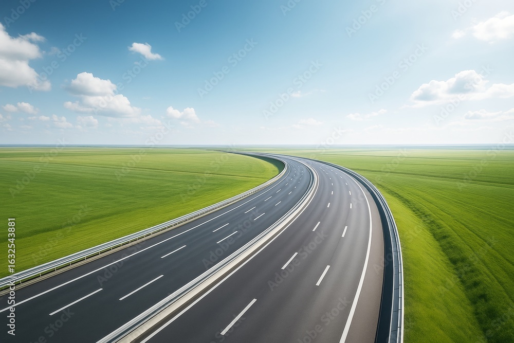 Fototapeta premium Empty modern highway curving through green fields under blue sky with clouds, offering clean background and copyspace for design or template. Ai generative