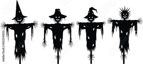 Four spooky halloween scarecrow silhouettes with hats and ragged clothing silhouette