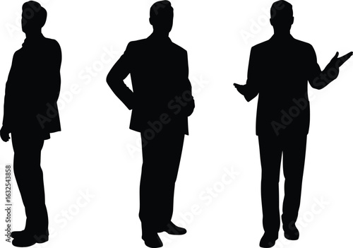 Body language silhouette vector illustration, three standing figures in expressive poses, gesture and posture variation, flat design, non-verbal communication, character reference, visual storytelling
