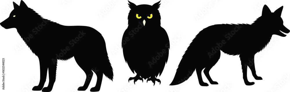 Obraz premium Three animal silhouettes wolf owl and fox silhouette