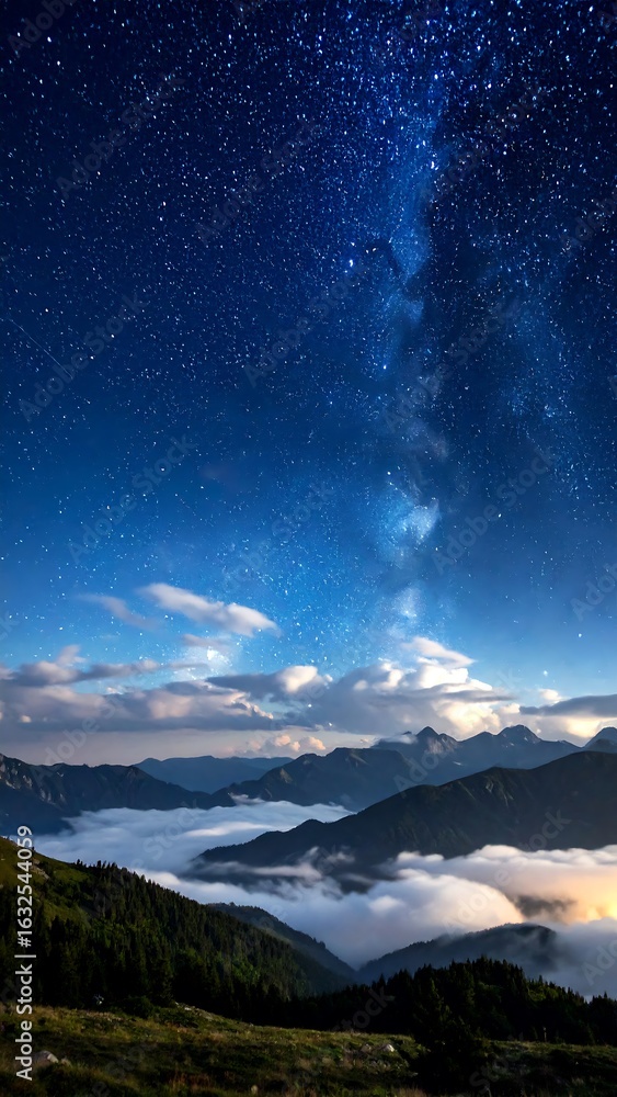 Fototapeta premium Starry night over misty mountains