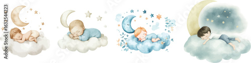 A watercolor illustration shows a cute baby boy asleep on a cloud, surrounded by a celestial display of stars