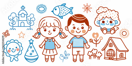 Illustration of happy kids children with house tree sun flower fish star church butterfly party hat and baby art vector illustration