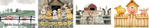 The set includes a watercolor illustration collection of cute farm animals and a farmhouse