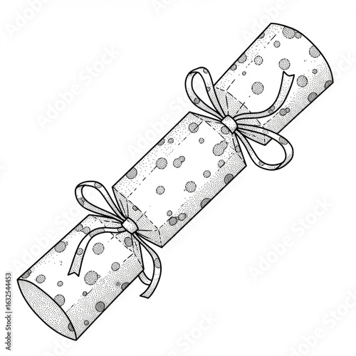 Festive Christmas Cracker with Ribbon, Isolated Dotted Line Art, High Detail, 8K.
