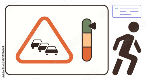 Warning triangle with cars, congestion level meter, and fleeing pedestrian signal urgency. Ideal for traffic, safety, escape planning, urban design, transport systems, risk management simple flat