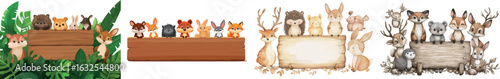 A watercolor illustration of cute baby animals is set against a wooden board