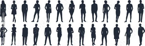 Blue silhouettes of people, standing poses, posture variation, gesture study, arms crossed, hands on hips, design reference, visual asset, body language