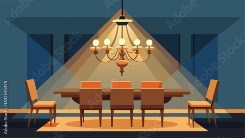 A grand chandelier hangs from the high ceiling casting a warm glow over a polished wooden dining table with industrialstyle chairs.