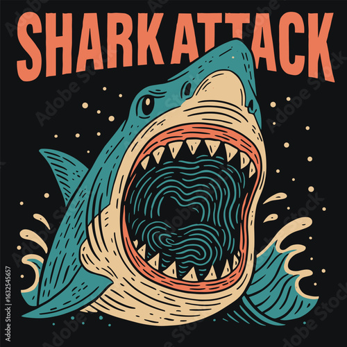 Shark attack ocean predator illustration with wide open jaws and aggressive fierce vibe