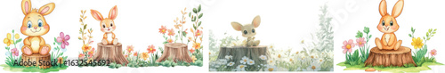 A watercolor illustration shows a cute baby rabbit sitting on a log surrounded by a variety of butterflies and flowers