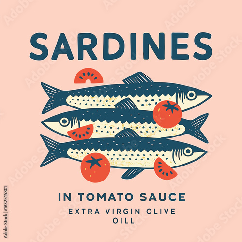 Sardines in tomato sauce with whole fish and tomatoes in retro food packaging artwork