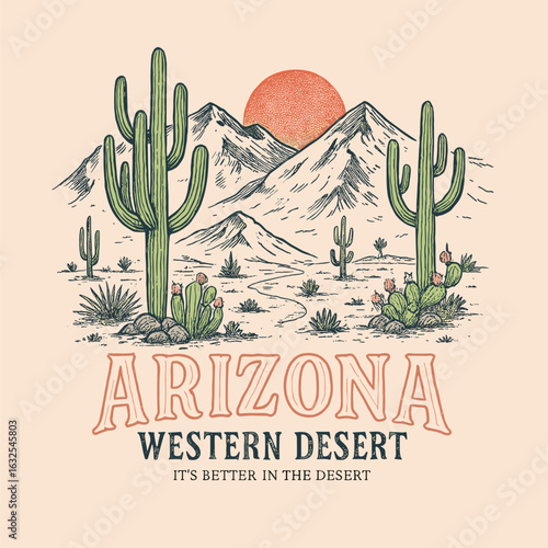 Arizona western desert landscape with cactus, mountains and orange sun vintage drawing