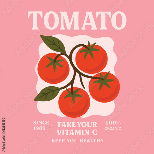 Tomato branch with ripe fruits in minimal pink poster promoting health and vitamin C