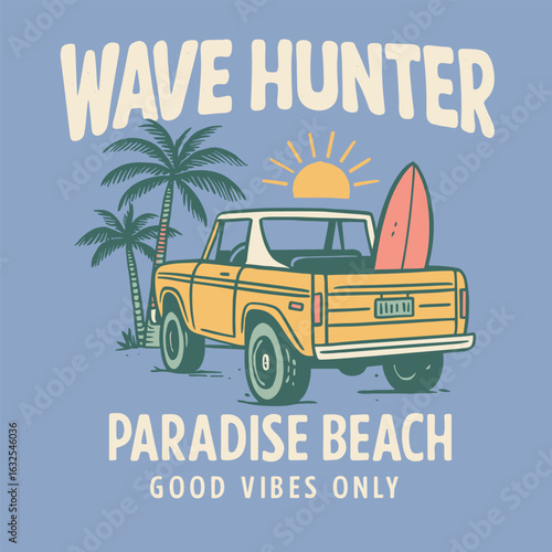 Wave hunter car with surfboard driving to paradise beach in good vibes beach scene