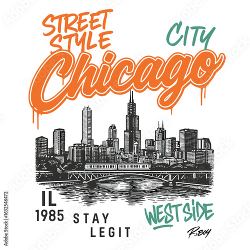 Chicago city street style retro skyline