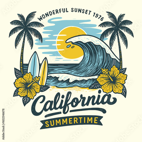 California summertime waves and flowers tropical print