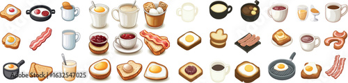 A cartoon depiction of breakfast consists of eggs, bacon, eggs, bacon, toast, and coffee, all illustrated in a drawing