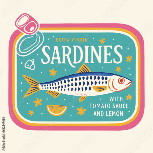 Colorful sardines tin illustration with tomato sauce and lemon in retro vintage food label