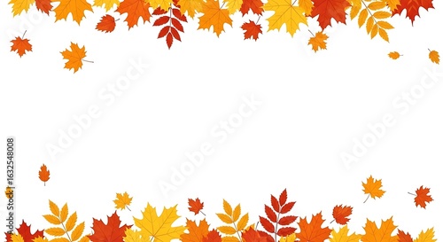 Autumn leaves border design on white background.