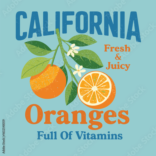 California oranges branch illustration with fresh juicy fruit and full of vitamins text