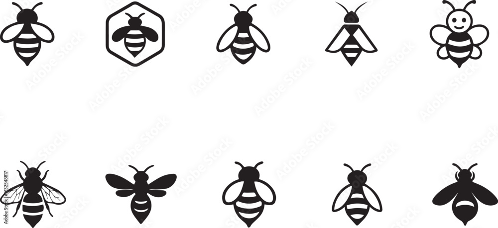 Fototapeta premium Bee Icons Set Honeycomb, Flying Bees, and Happy Bee Cartoon silhouettes