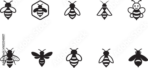 Bee Icons Set Honeycomb, Flying Bees, and Happy Bee Cartoon silhouettes