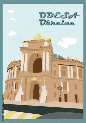 Vector travel poster featuring the Odesa Opera House in Ukraine with stylized architectural details. Concept of tourism, European heritage and cultural landmark promotion