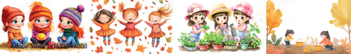In a watercolor illustration, cute little girls are seen in a garden with an abundance of flowers and autumn leaves