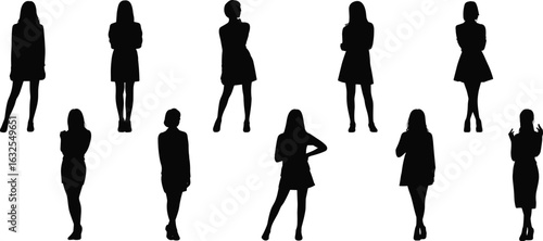Female silhouettes, expressive poses, dresses and skirts, body language, gesture study, posture reference, black figures, design asset, non-verbal communication