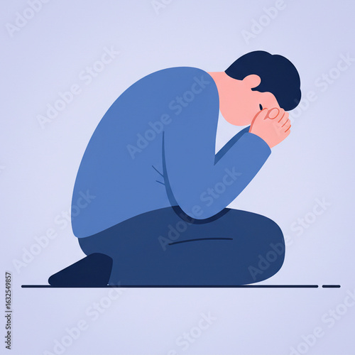 Vector illustration of a sad man kneeling with head in hands 