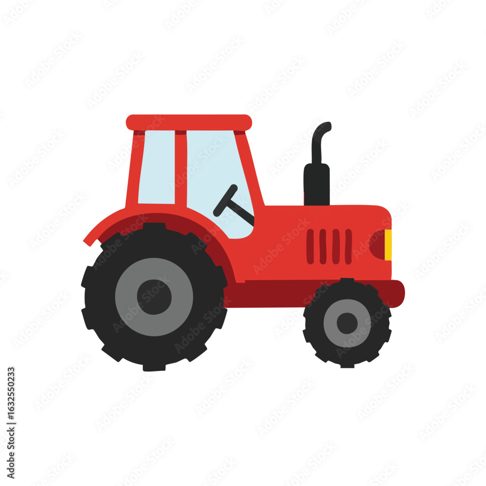 Obraz premium (Red Farm Tractor Illustration. Vibrant scarlet agricultural machine artwork. This graphic symbolizes cultivation, bountiful harvests, and the hardworking spirit of the countryside.)