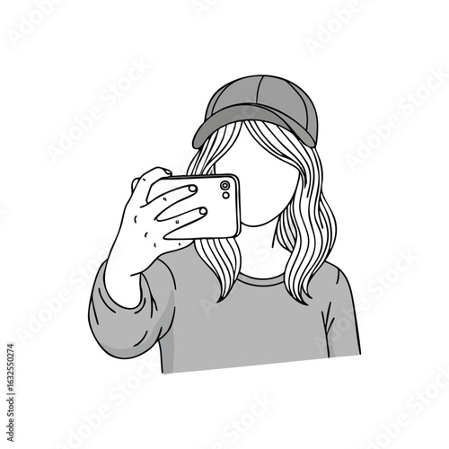 (Young Woman Capturing Smartphone Selfie. Modern individual taking a personal photo with a mobile device. Minimalist artwork symbolizing digital communication, online presence, and self-expression.)