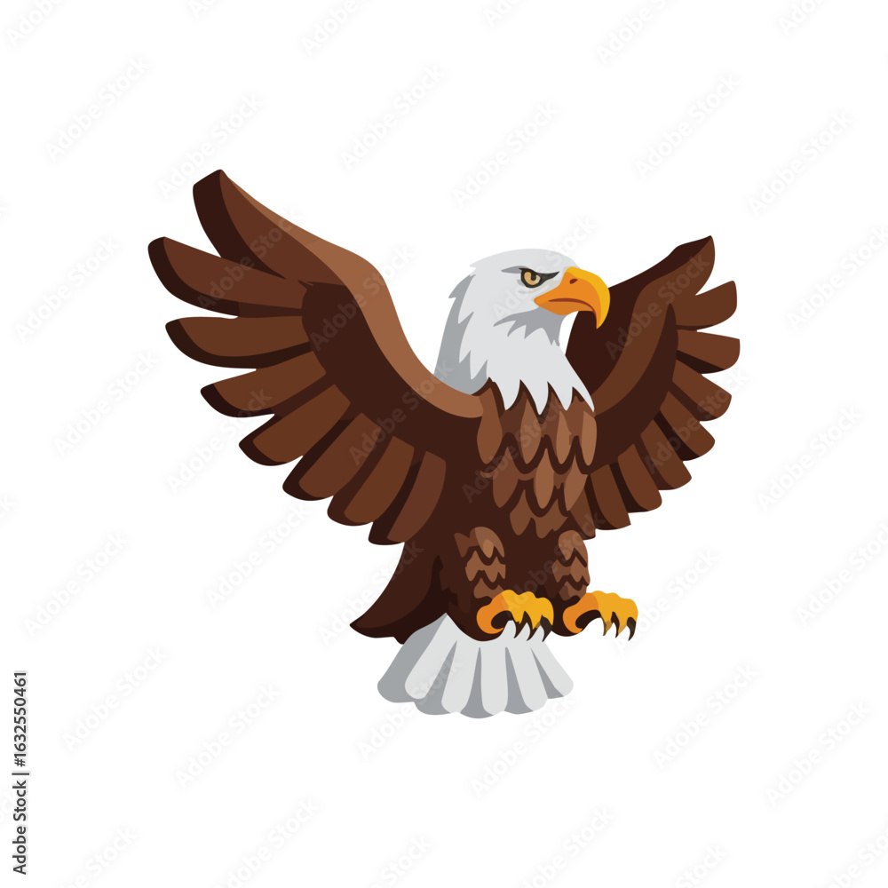 Naklejka premium (Dynamic Bald Eagle Illustration. A majestic predator depicted with wings widespread, symbolizing power, liberty, and sharp vision. This bold graphic features an impressive bird.)