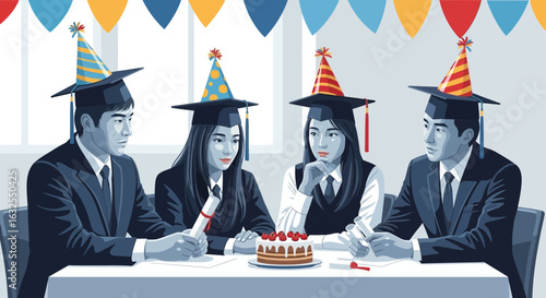 Graduation Celebration Featuring Festive Hats And Cake With Diverse Students