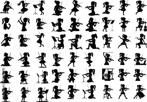 Girl Playing Violin Silhouette Icon Set – Musical Art Design Violinist Girl Silhouette Icon Set – Creative Music Illustration