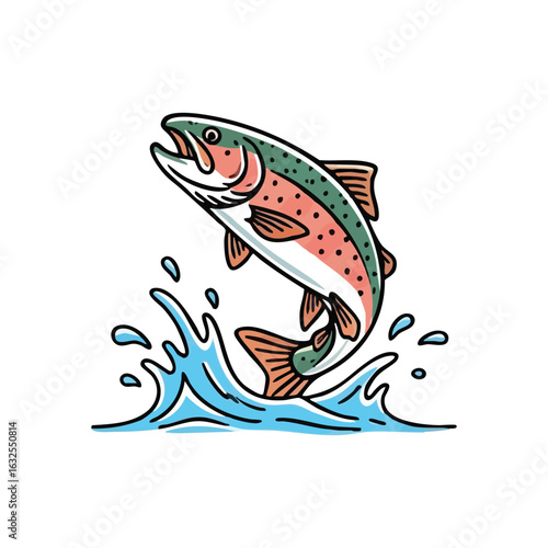 (Leaping Trout Splashing from Water. Dynamic artwork of a vibrant freshwater creature bursting from blue liquid. This bold image symbolizes vitality, challenge, and outdoor recreation.)
