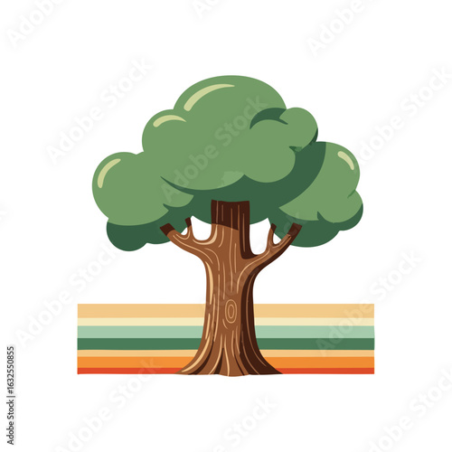 (Colorful Retro Nature Tree Art. A tranquil illustration of an arboreal landscape with vibrant horizontal bands. Captures a peaceful, classic, and eco friendly essence.)