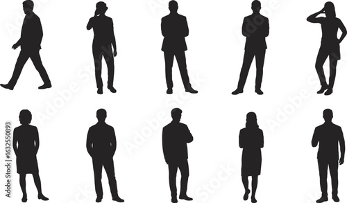 Human silhouettes, walking and standing poses, arms crossed, hands on hips, thinking gesture, posture study, black figures, body language, design reference