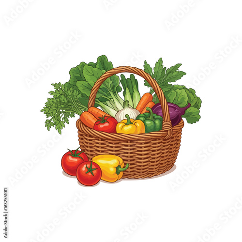 (Basket of Fresh Garden Vegetables. A bountiful hamper filled with an assortment of vibrant, newly picked organic produce. Symbolizes healthy eating and nature's generous harvest.)