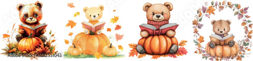 A watercolor illustration showcases a cute bear engrossed in reading a book amidst a vibrant pumpkin garden