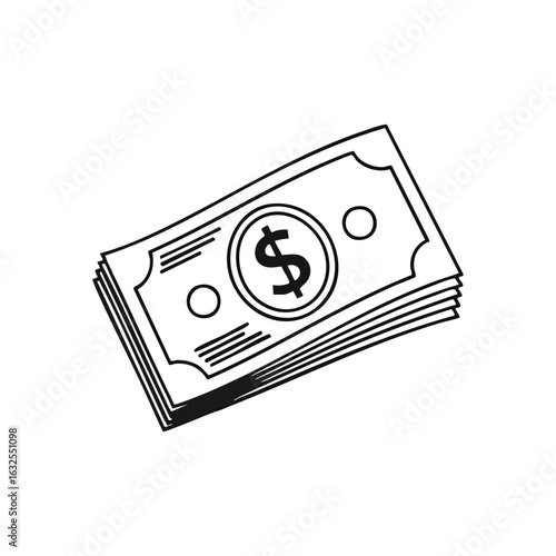 (Money Stacked Monochrome Symbol. Minimalist black and white design depicting a pile of banknotes. This emblem symbolizes affluence, economic growth, and business success.)