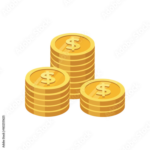 (Golden Dollar Coin Stacks. Illustration of three sparkling currency piles symbolizing prosperity, financial growth, and secure investments. Ideal for finance or business concepts.)