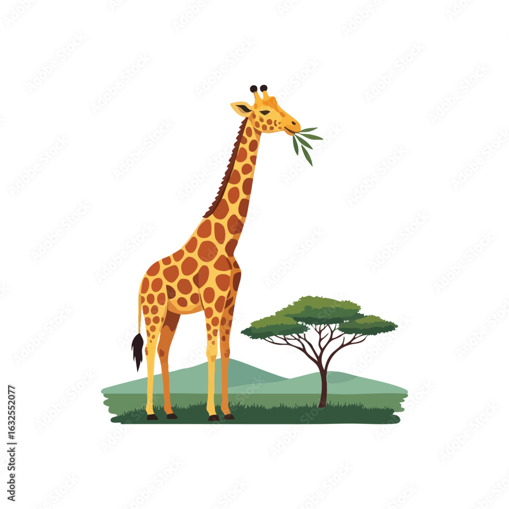 Obraz premium (African Giraffe Eating Green Leaves. Illustrative design featuring a long necked mammal enjoying foliage in its natural habitat, symbolizing the wild beauty and vibrant ecosystems of the savanna.)