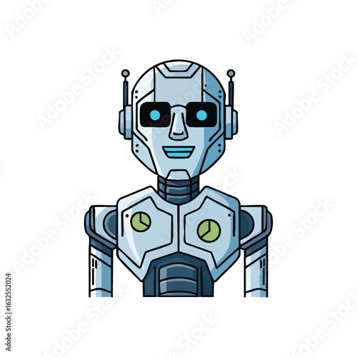 (Friendly Smiling Robot Avatar. An approachable AI automaton, symbolizing cutting-edge innovation and technological progress. This cheerful character embodies the future of artificial intelligence.)